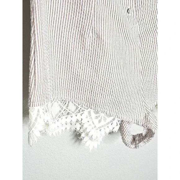 For Love & Lemons Emmy Sleep Romper Brown Seersucker and Lace Size Small - Picture 8 of 16